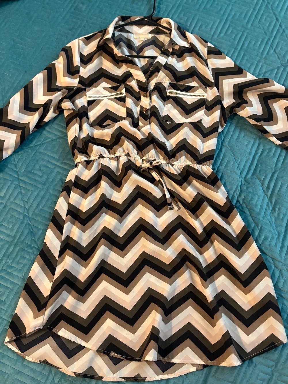 Style & Co. Chevron Drawstring Shirt Dress - Black, White & Taupe